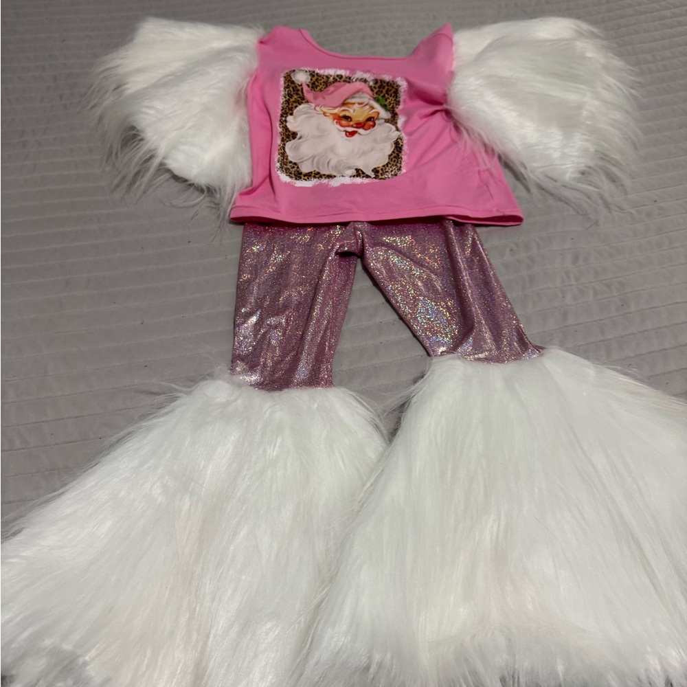 Pink and White Girls Christmas Outfit with Fluffy Details